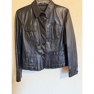 Colebrook Womens XL Black Leather Button Front Utility Safari Jacket Collared